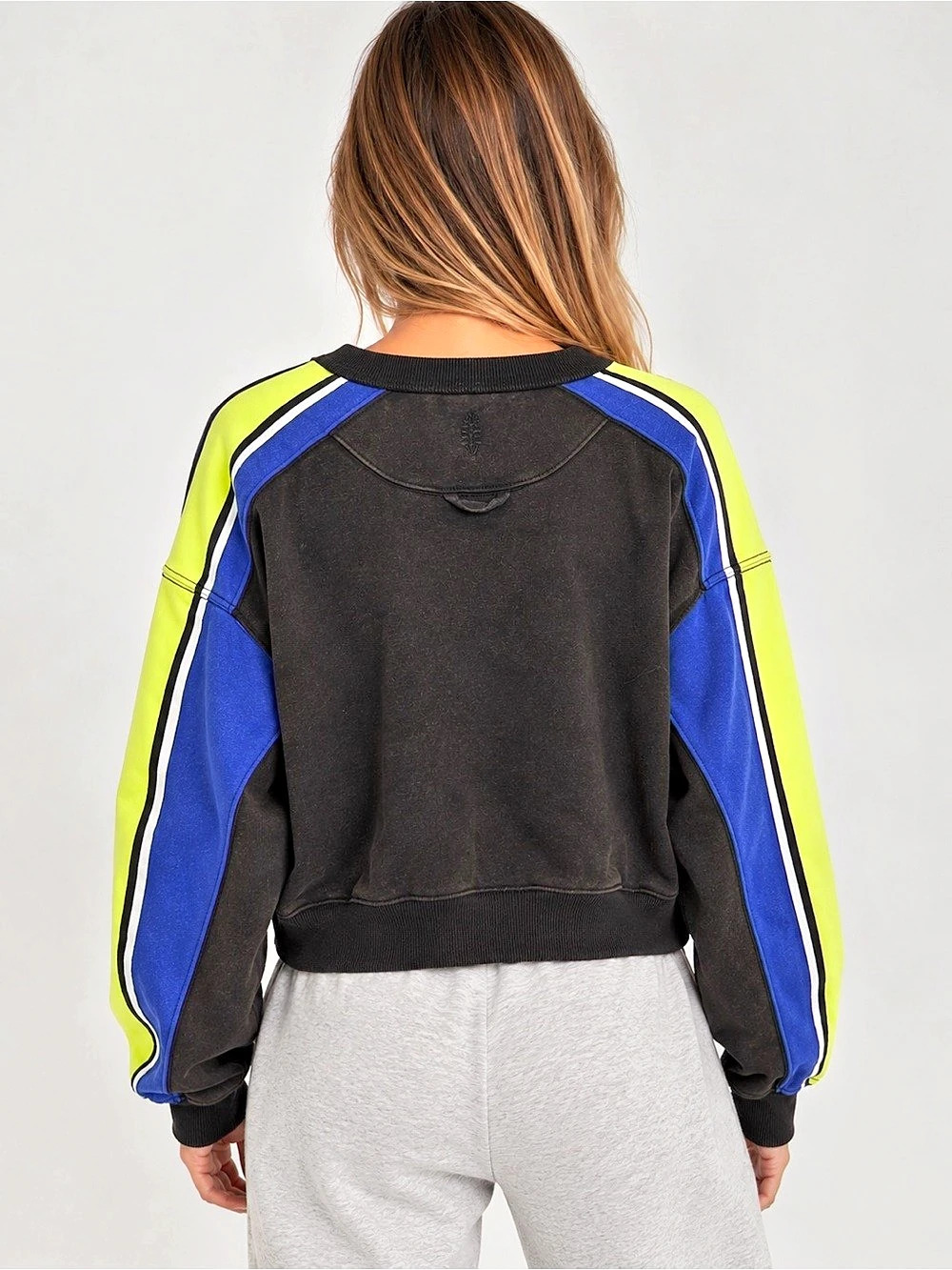 Free People Home Stretch Colorblock Pullover Black & Blue Cropped Sweatshirt